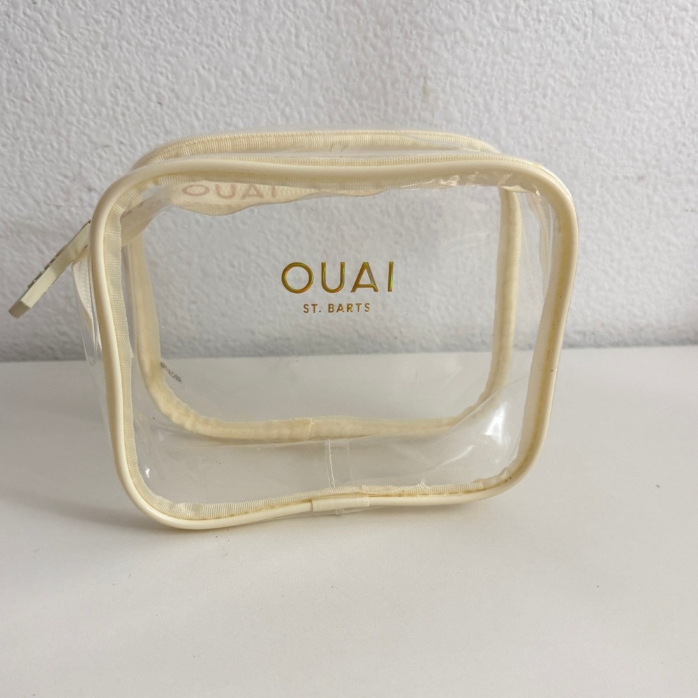 OUAI St. Barts Clear Makeup Bag Travel Toiletry Pouch Cream Gold Logo